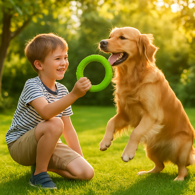 jouet pour chien anneau vert jeune enfant heureux avec son chien