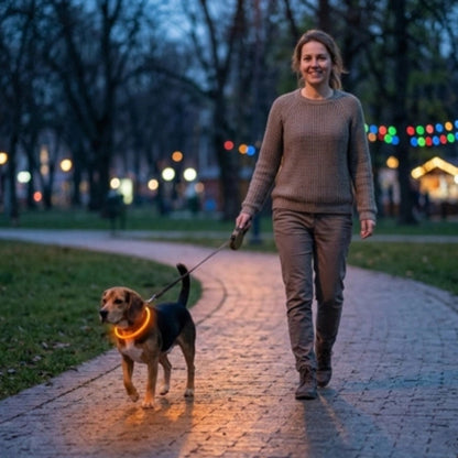 Collier chien lumineux orange au parc