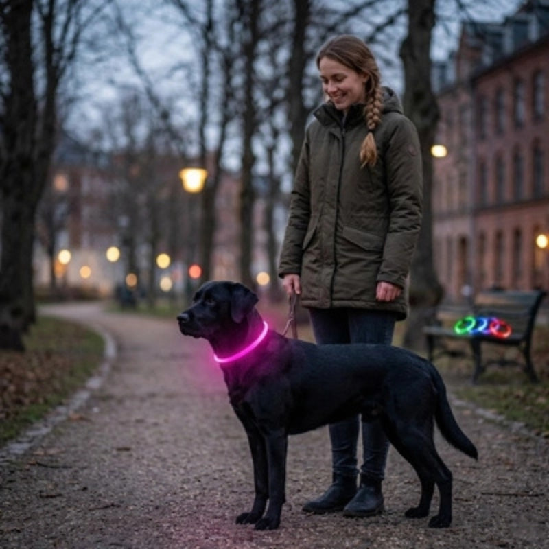 Collier chien lumineux rose en ville