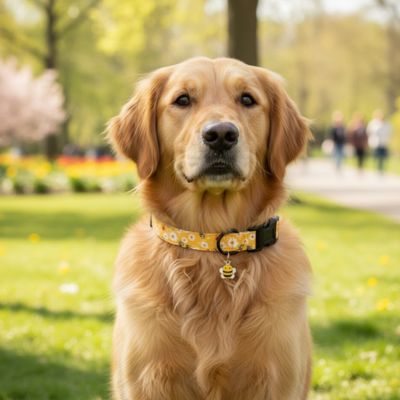 collier chiot jaune motif abeille jaune au parc