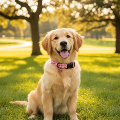 collier chiot rose motif papillon rose au parc