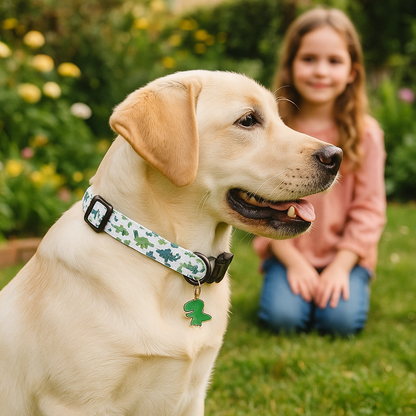 collier chiot motif dinosaure vert avec petite fille