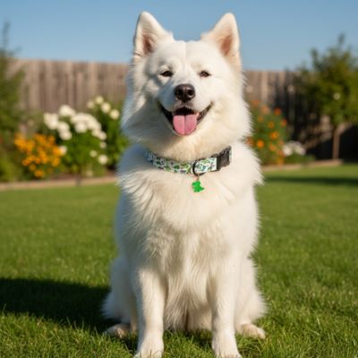 collier chiot motif dinosaure vert au jardin