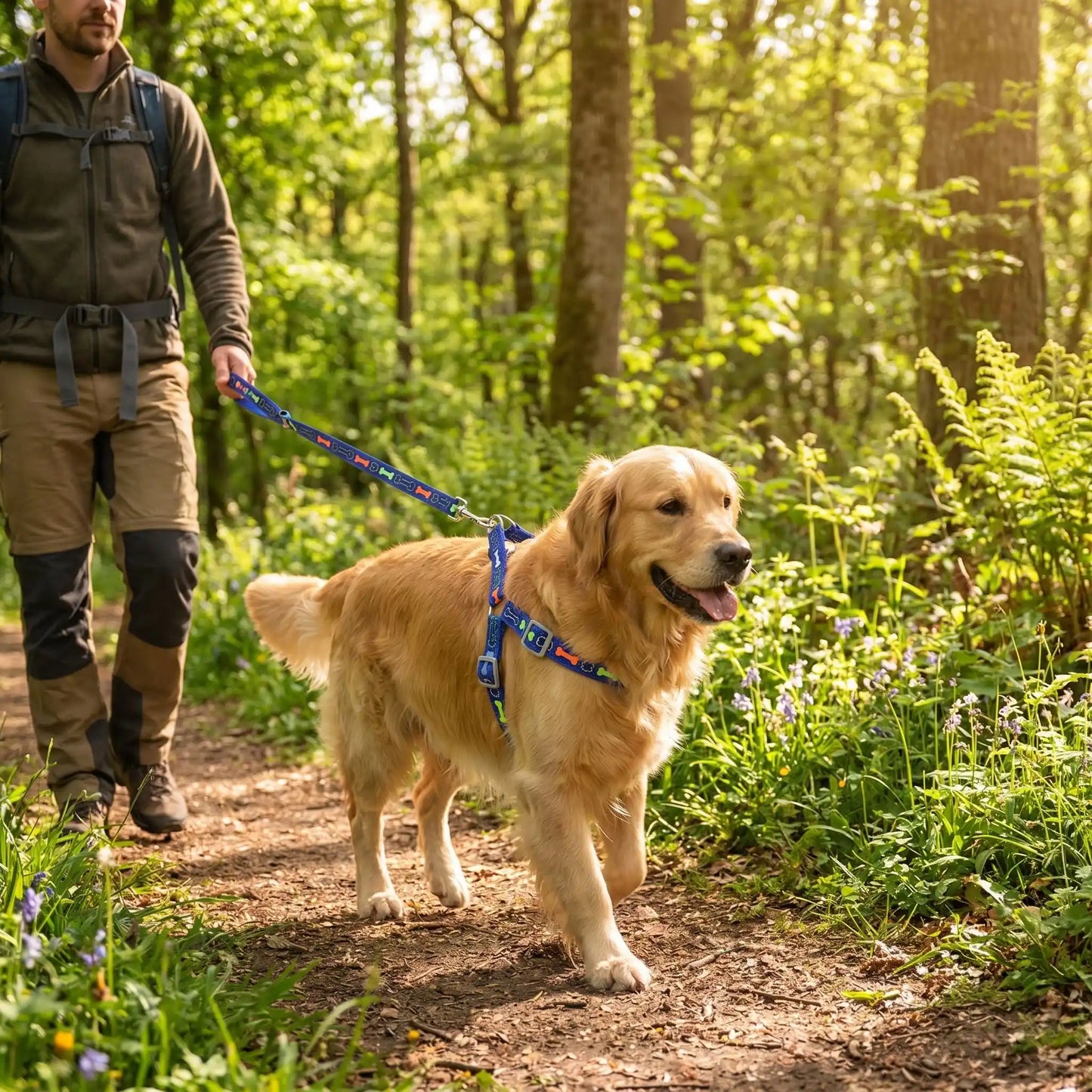 Harnais chien bleu sortie en forêt