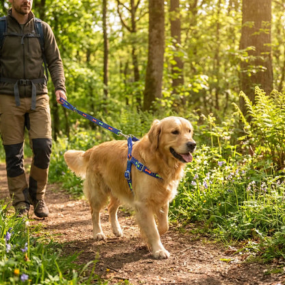 Harnais chien bleu sortie en forêt