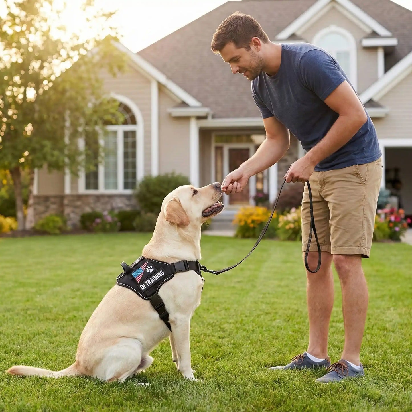 Harnais chien récompense dans le jardin
