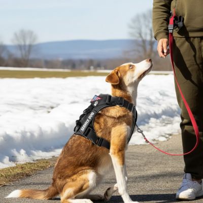 Harnais chien noir au pied de son maître
