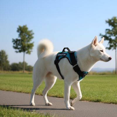 Harnais chien vert se promène sur le chemin