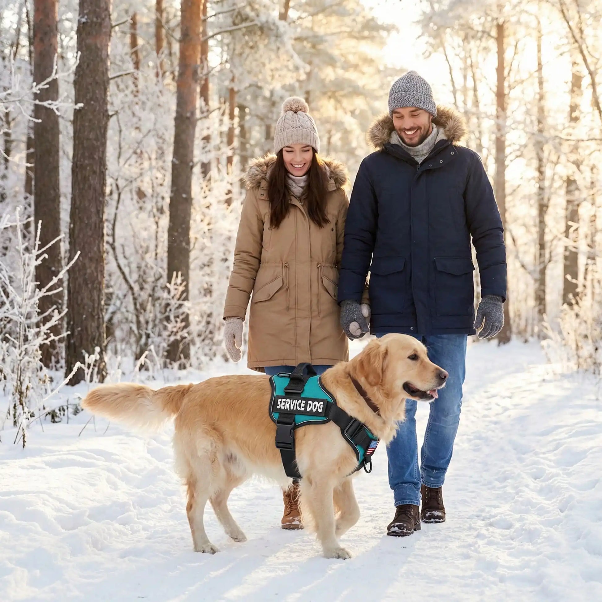 Harnais chien promenade dans la forêt enneigée