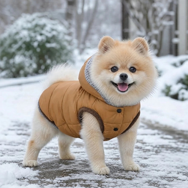 Manteau pour chien marron dans le jardin