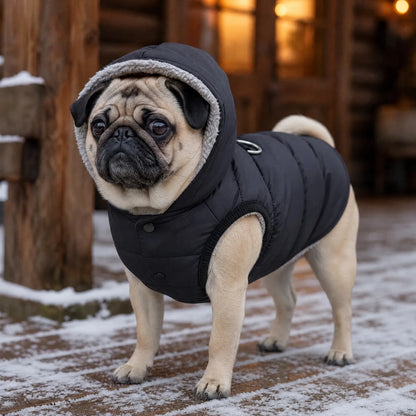 Manteau pour chien noir devant la maison