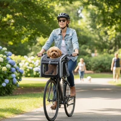 Panier à vélo pour chien noir au parc