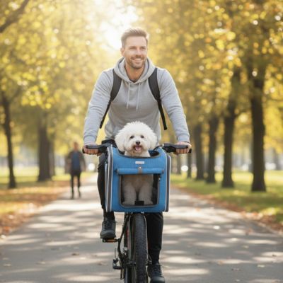 Panier à vélo pour chien bleu balade sur les chemins