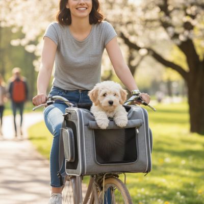 Panier à vélo pour chien gris promenade au parc