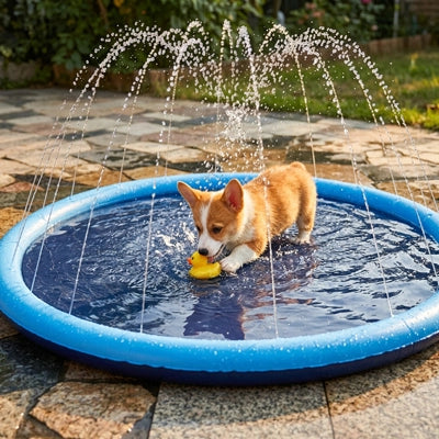 Piscine chien gonflable dans la cour