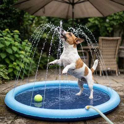 Piscine chien gonflable en terrasse