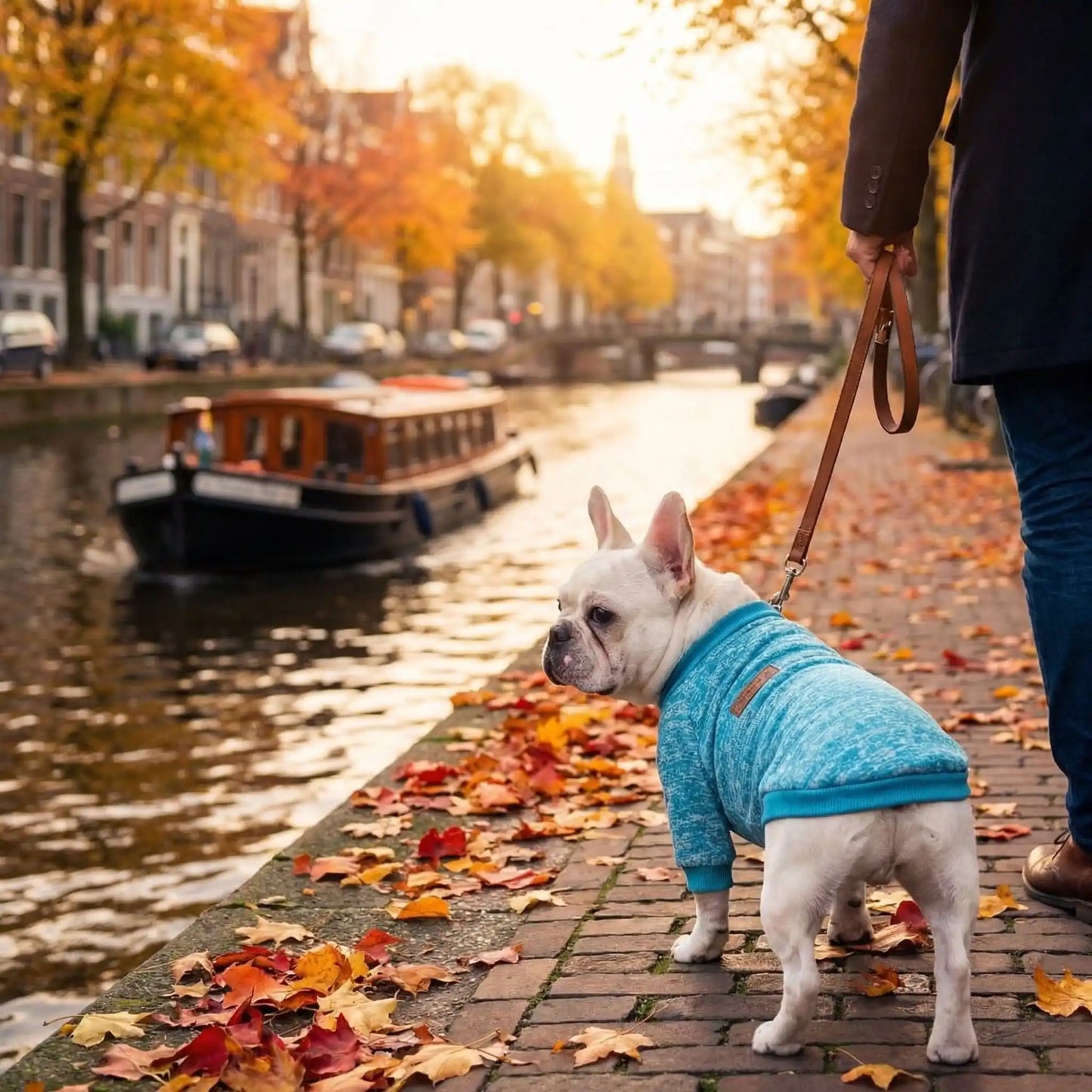 regarder passer la péniche avec le pull chien en automne