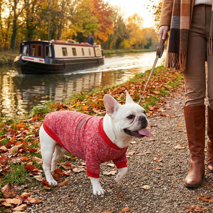 Balade au bord du canal avec le pull chien en automne