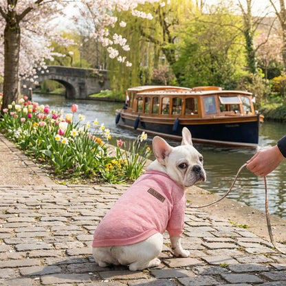 Promenade au bord de l'eau avec le pull chien