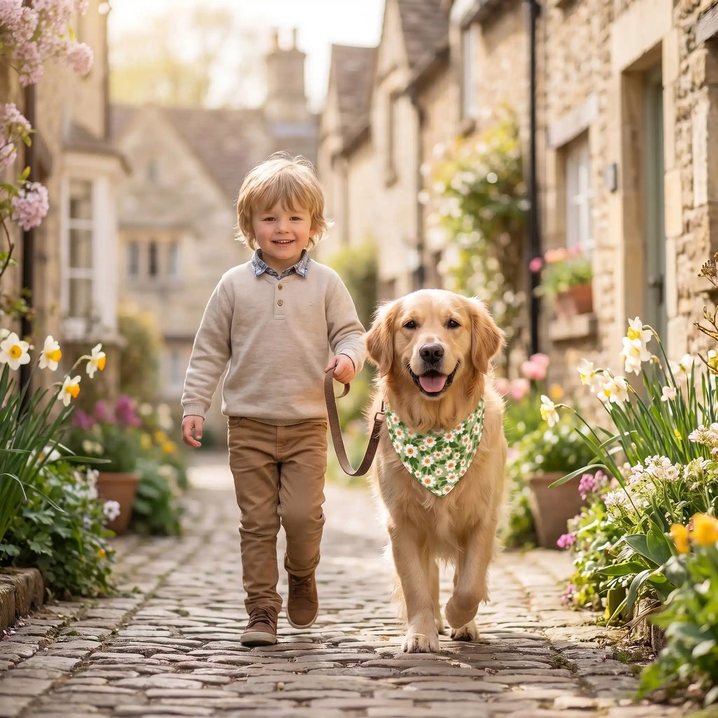 bandana chien et jeune garçon au village