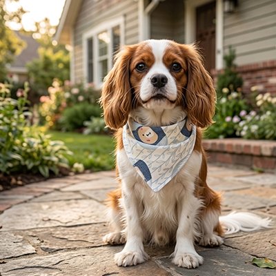 Bandana pour chien gris devant la maison