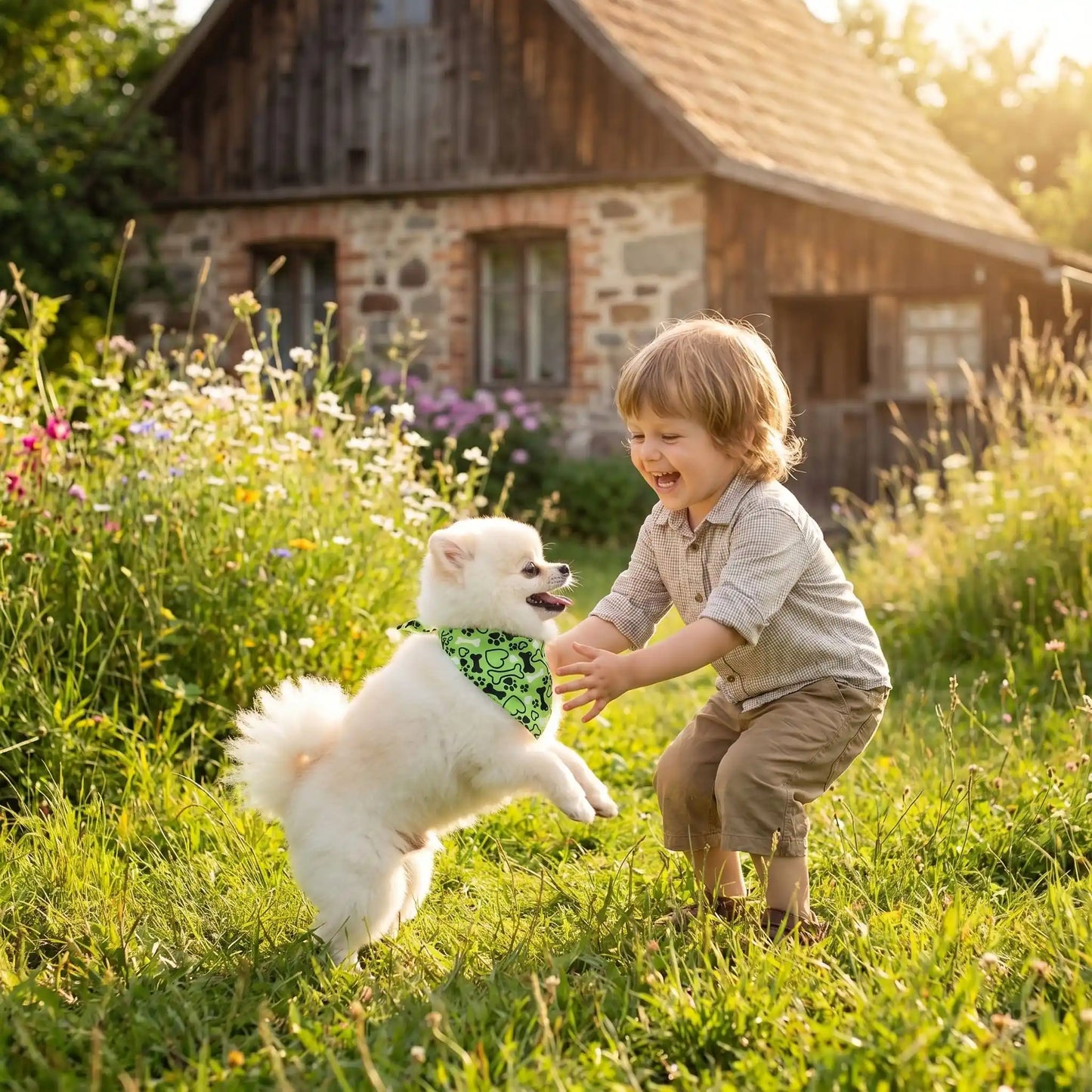 enfant et son chien heureux avec le bandana pour chien