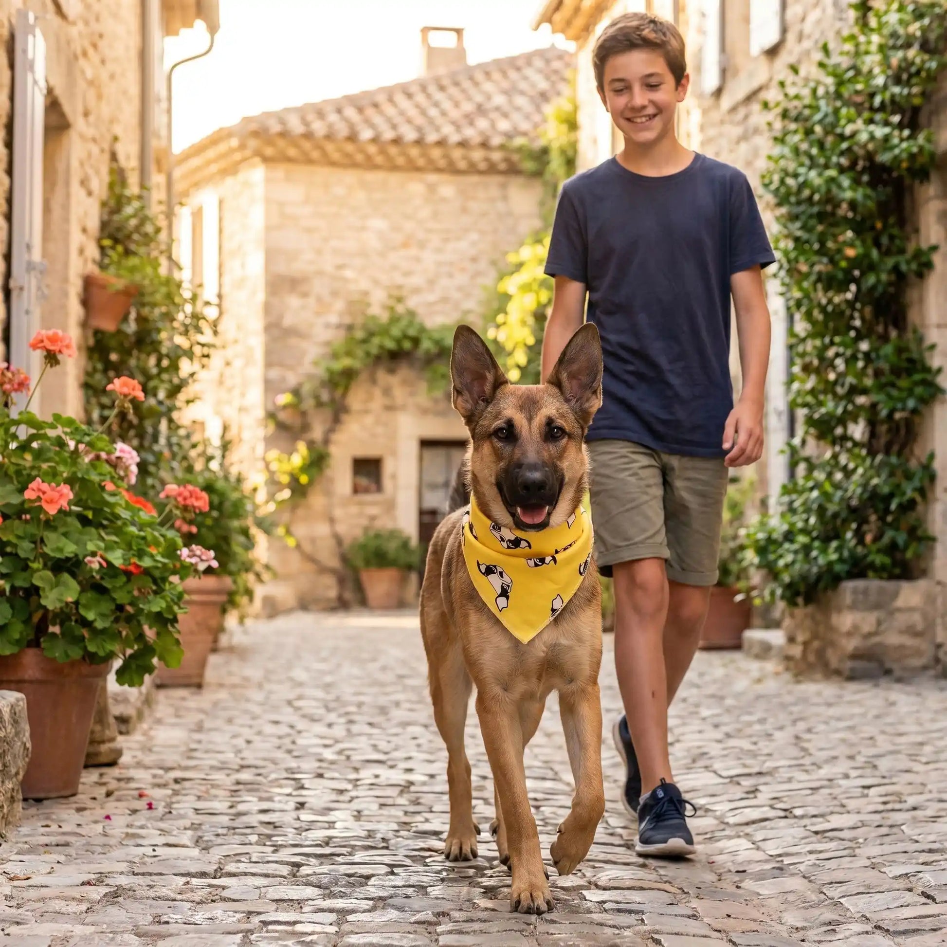 bandana pour chien jaune à motif en promenade