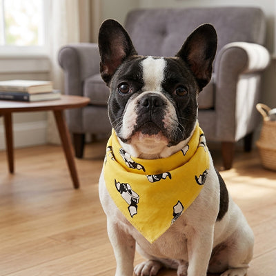 bandana pour chien jaune à motif têtes de chien