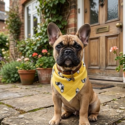 Bandana pour chien devant la maison