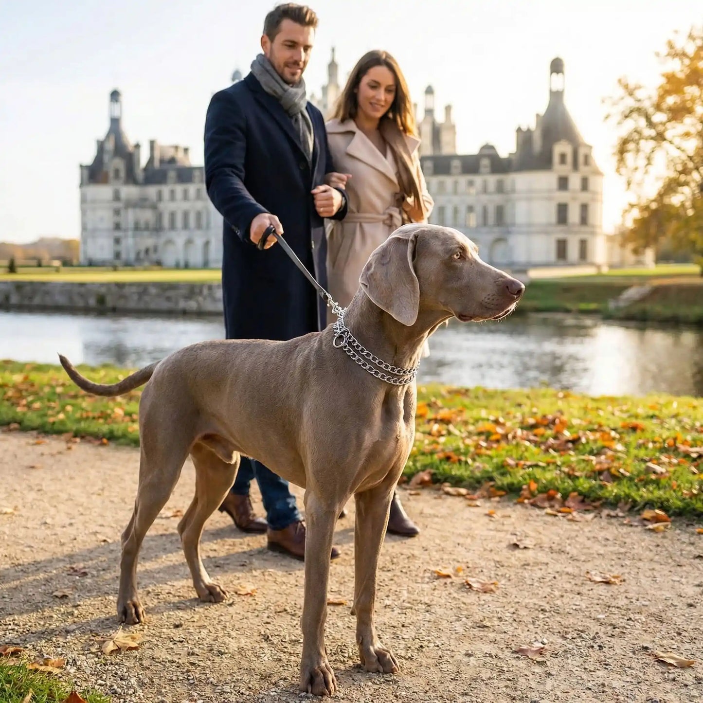 collier chien avec couple parc du château