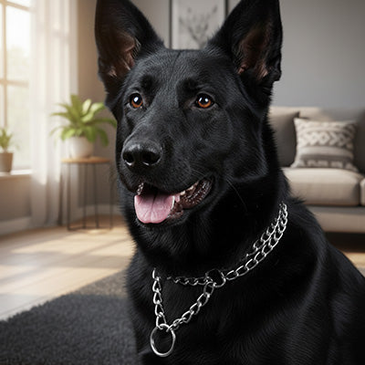 collier chien style chaîne au salon