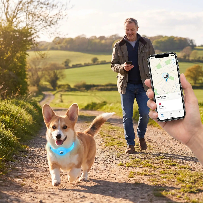 collier GPS chien sans abonnement bleu à la campagne