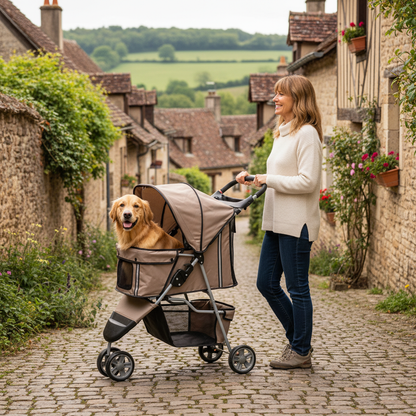 Poussette à chien femme avec Golden Retriever dans un village à la campagne