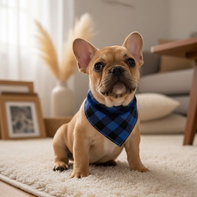 foulard chien à carreaux noir et bleu