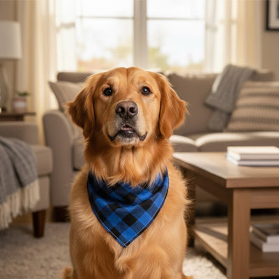 foulard chien à carreaux noir et bleu