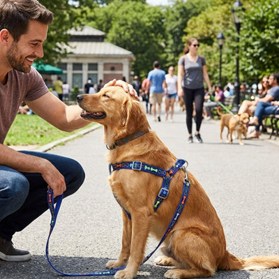 Harnais chien bleu au parc