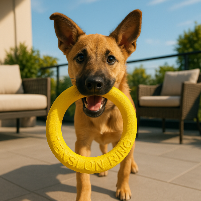 jouet pour chien anneau jaune jeune chien sur terrasse