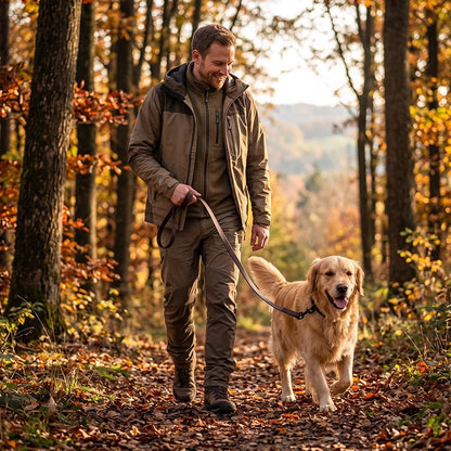 Laisse chien café en forêt