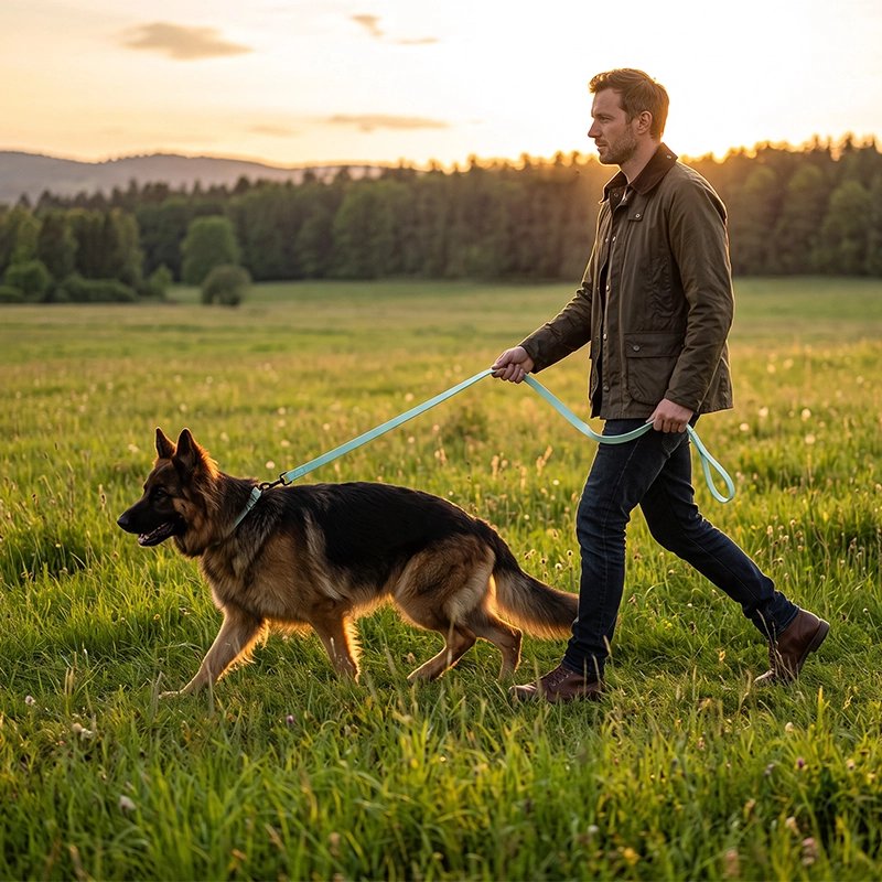 Laisse chien verte à la campagne