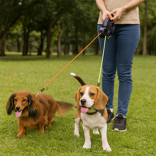 2 chiens en promenade au parc avec la laisse double enrouleur