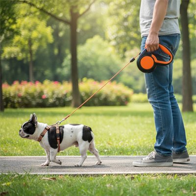 Laisse enrouleur pour chien au jardin public
