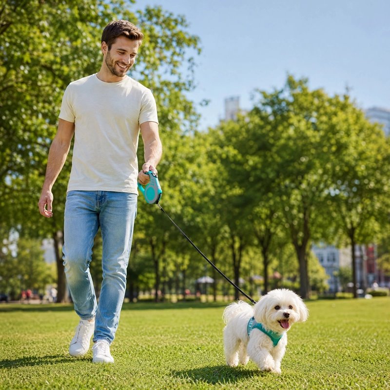Laisse enrouleur pour petit chien balade au parc