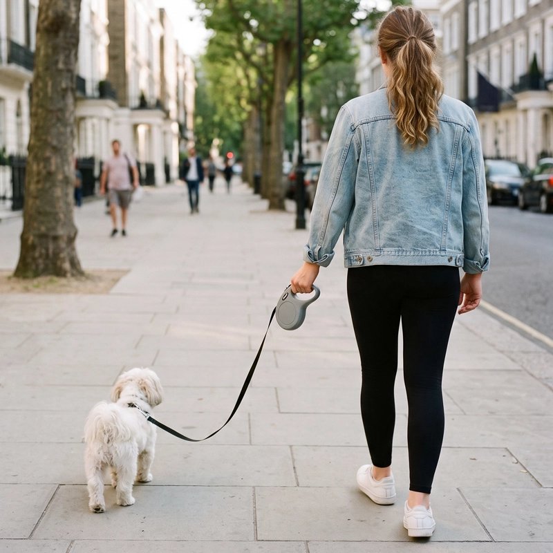 Laisse enrouleur sur le trottoir