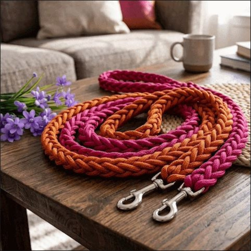 Laisse pour chien 2 couleurs posées sur table basse