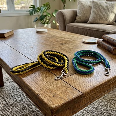 Laisse pour chien bicolore sur table