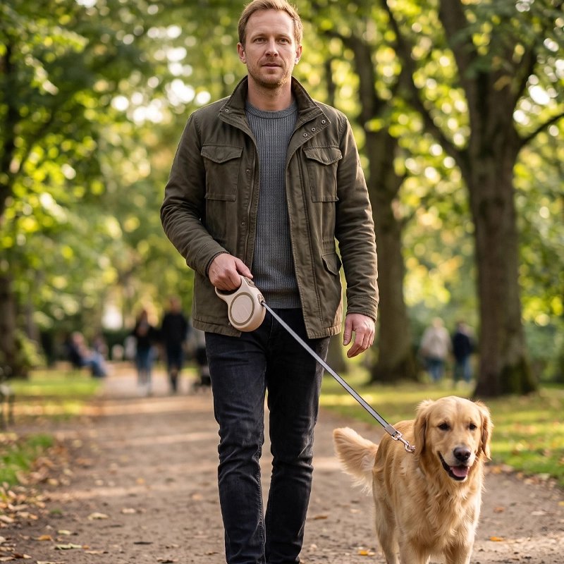 Laisse pour chien enrouleur beige promenade en forêt