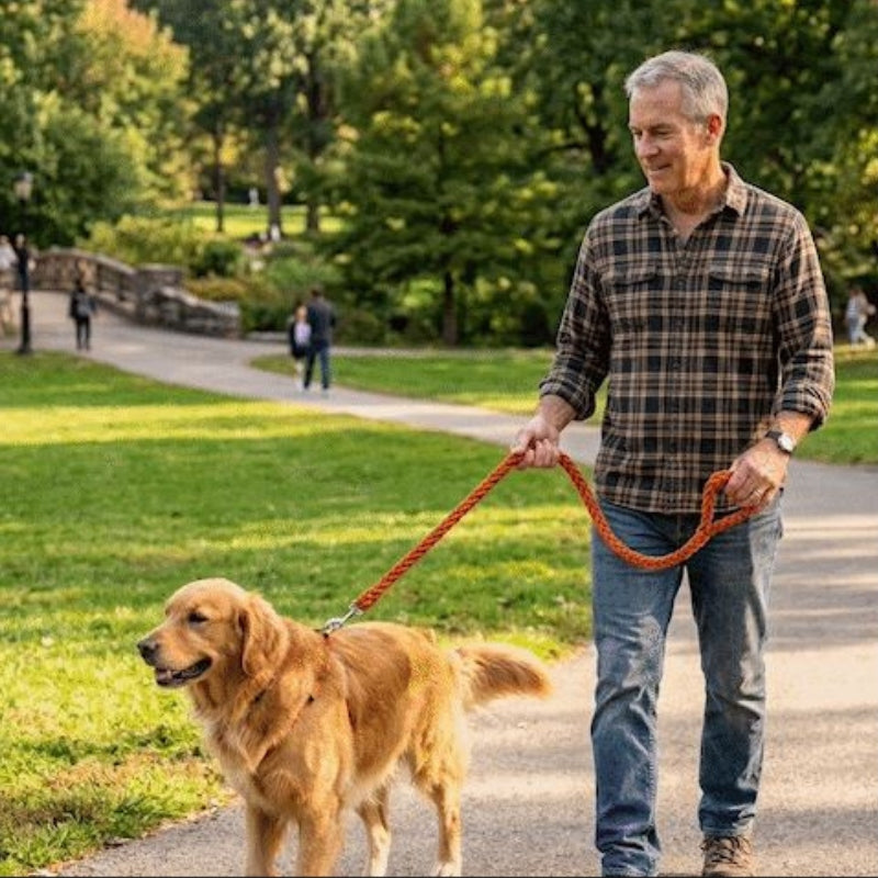 Laisse pour chien orange au parc