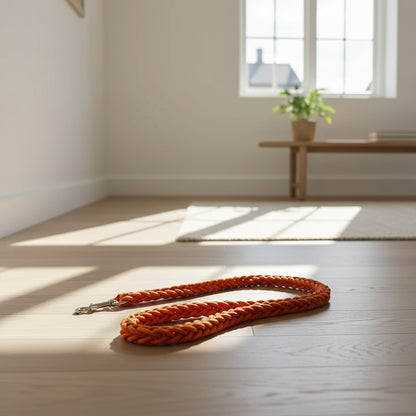 Laisse pour chien orange posée sur parquet