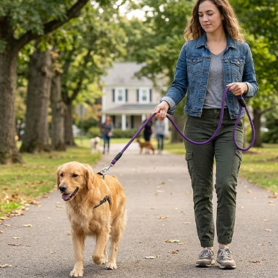 Longe pour chien violette au parc