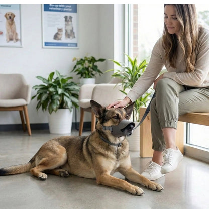 Visite chez le vétérinaire avec la muselière chien gris